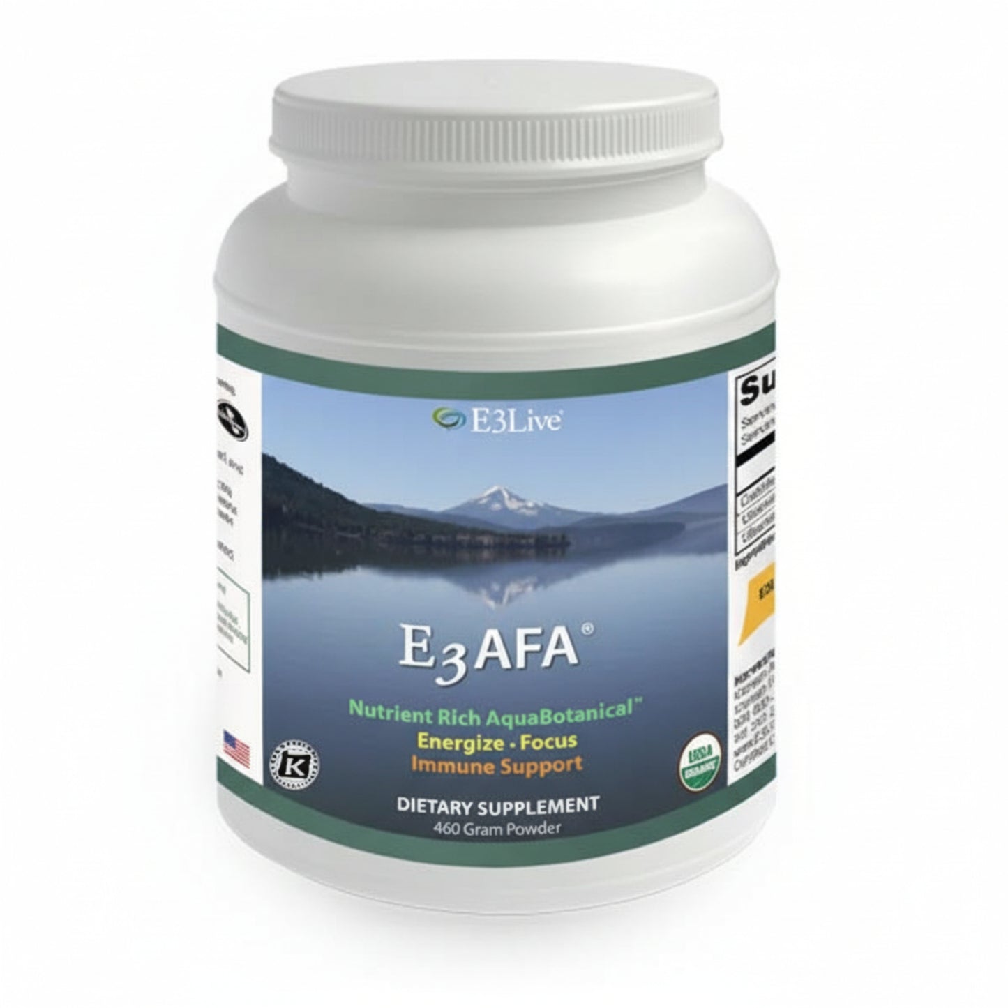 white supplement container of E3Live E3AFA with mountain and lake design on label