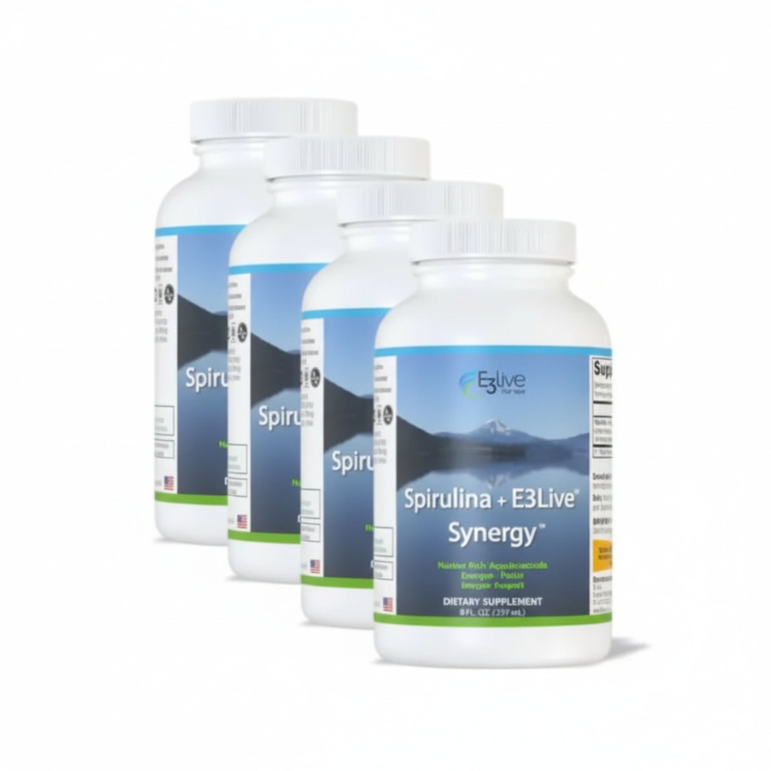 Four bottles of Spirulina + E3Live Synergy dietary supplement on a white background