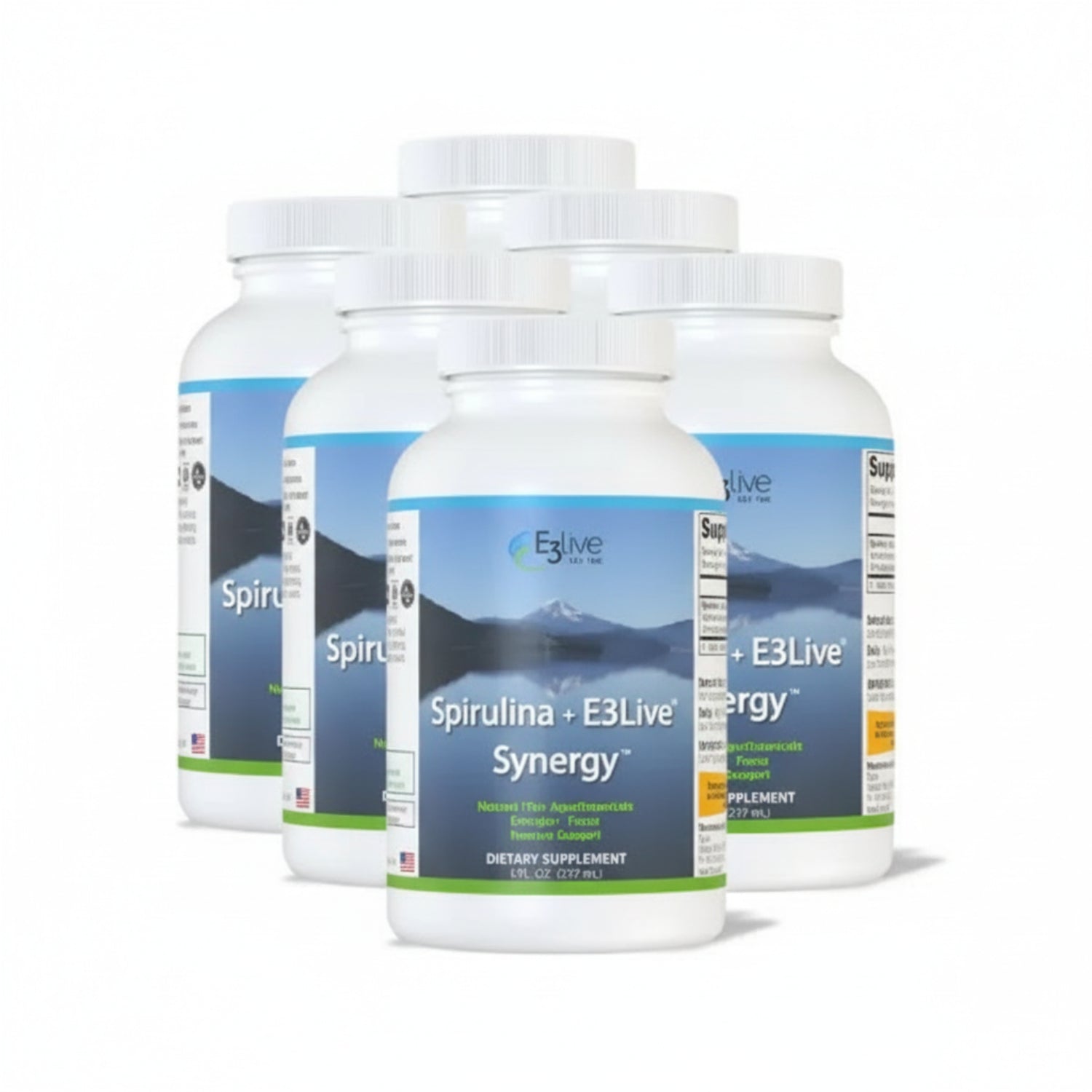 Three bottles of Spirulina + E3Live Synergy supplement on a white background