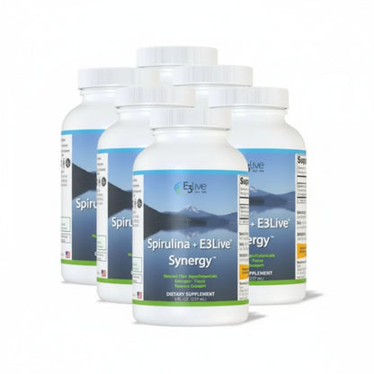 Three bottles of Spirulina + E3Live Synergy supplement on a white background