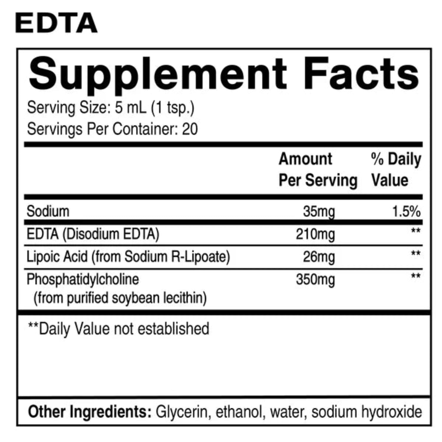 Supplement facts label for EDTA with serving size and ingredient details.