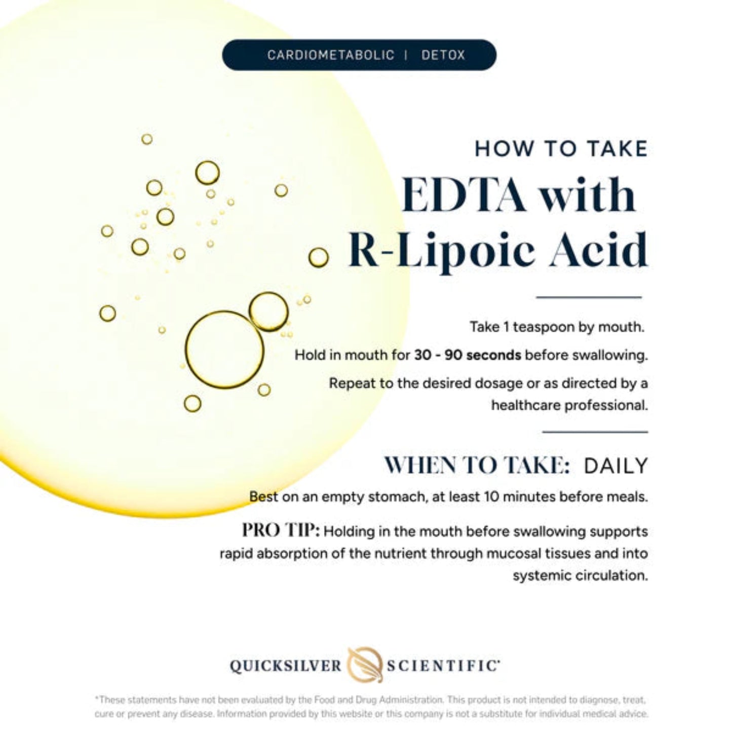 Instructional graphic on how to take EDTA with R-Lipoic Acid, featuring Quicksilver Scientific branding