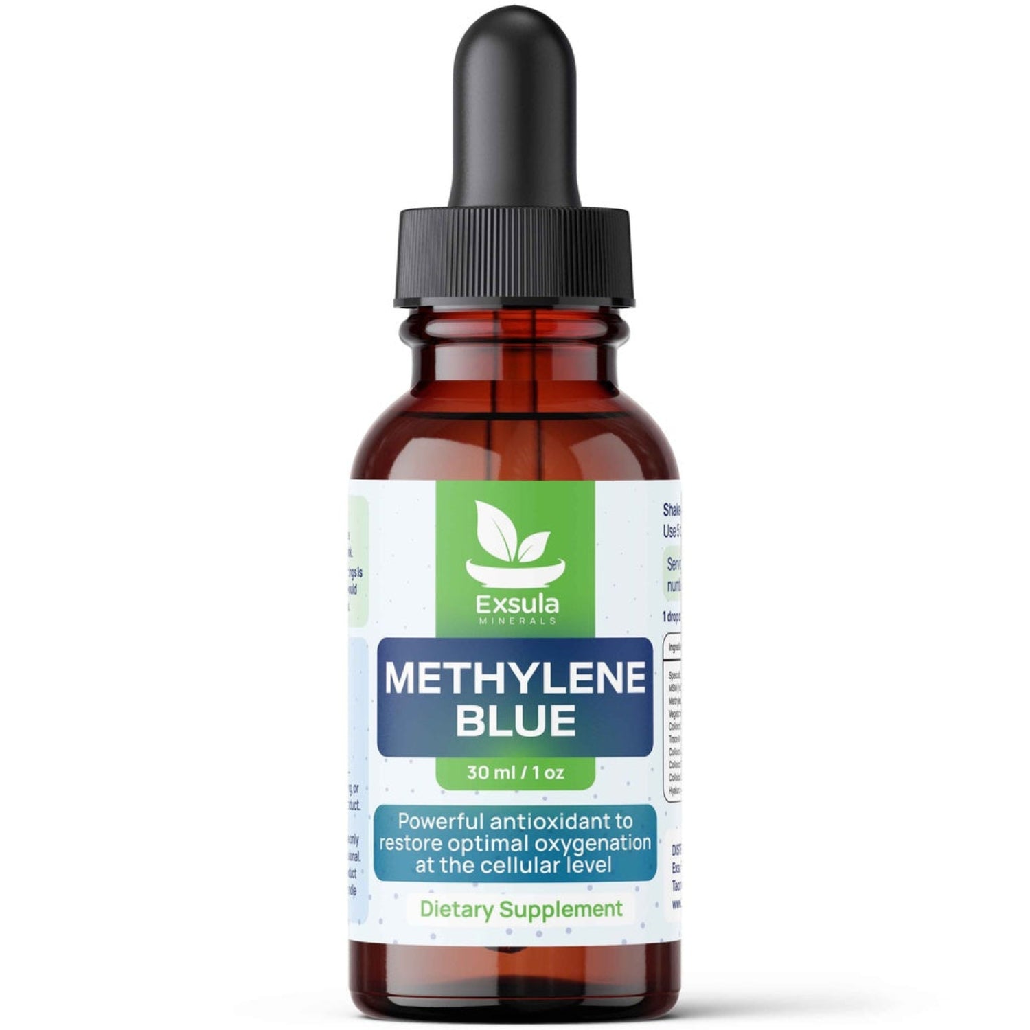 Bottle of Methylene Blue dietary supplement with Excula label on a white background