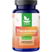 Supplement bottle labeled 'TherAminos' by Exsula on a white background