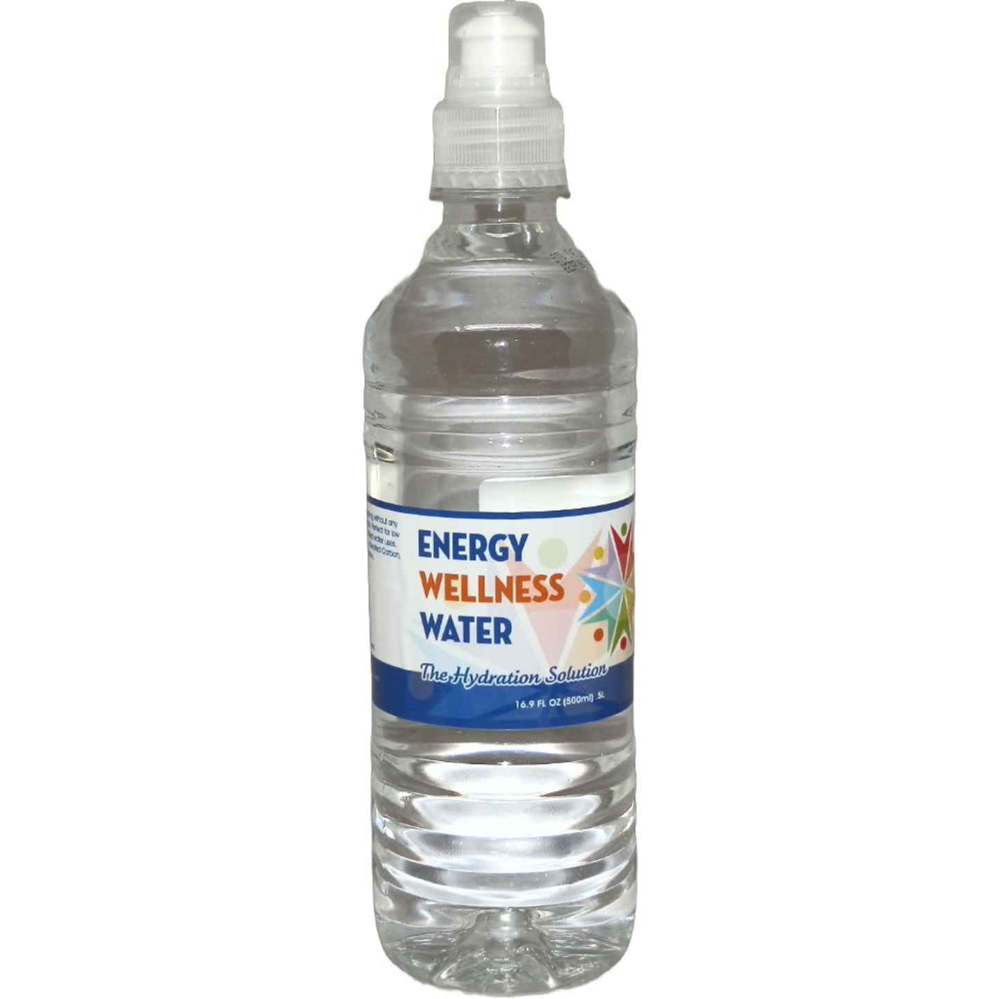 Clear bottle of Energy Wellness Water with a colorful label on a white background