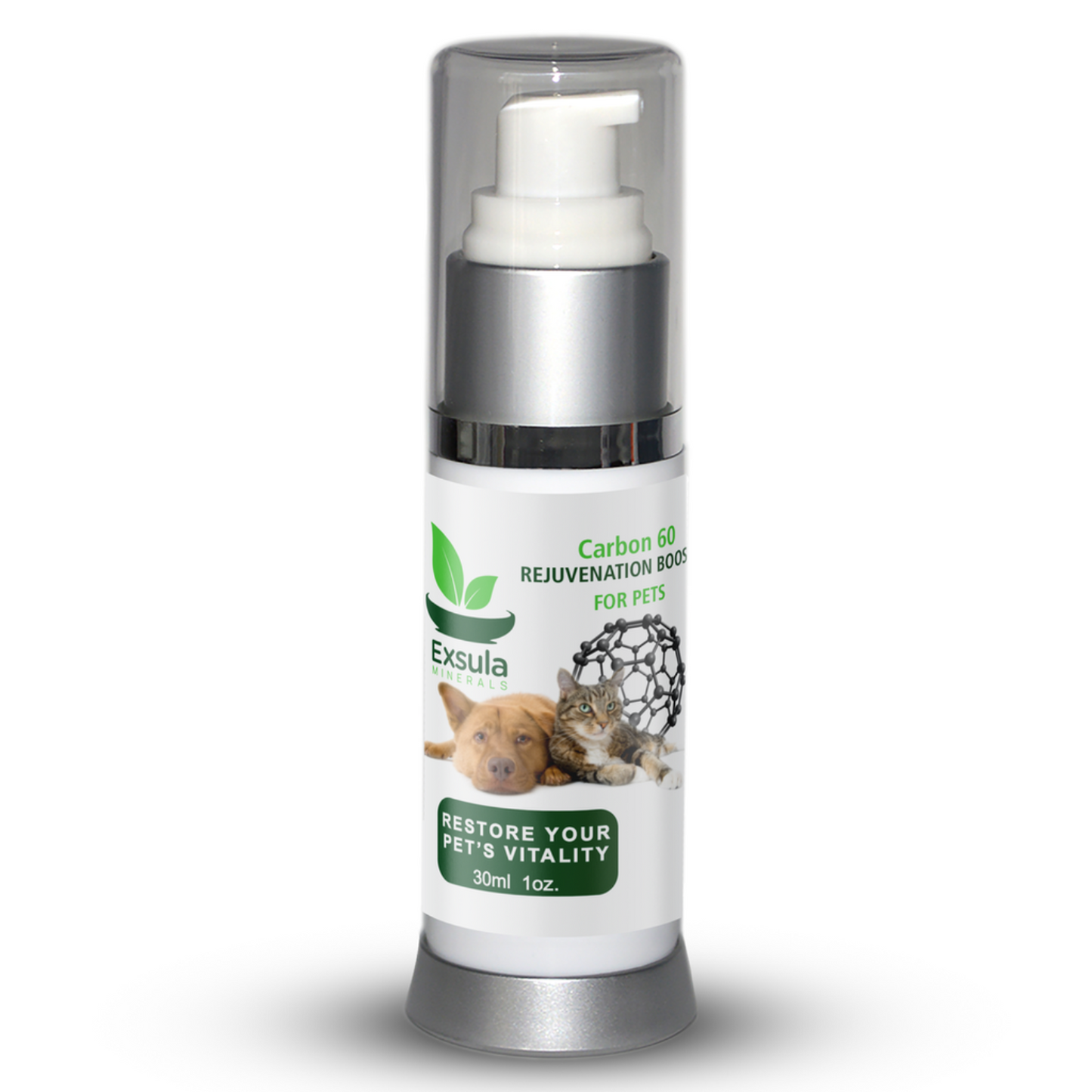 white pump bottle with clear top and white label with green text, dog and cat lying together, Carbon 60 Rejuvenation Booster for Pets, Exsula Minerals, restore your pet's vitality, 30ml