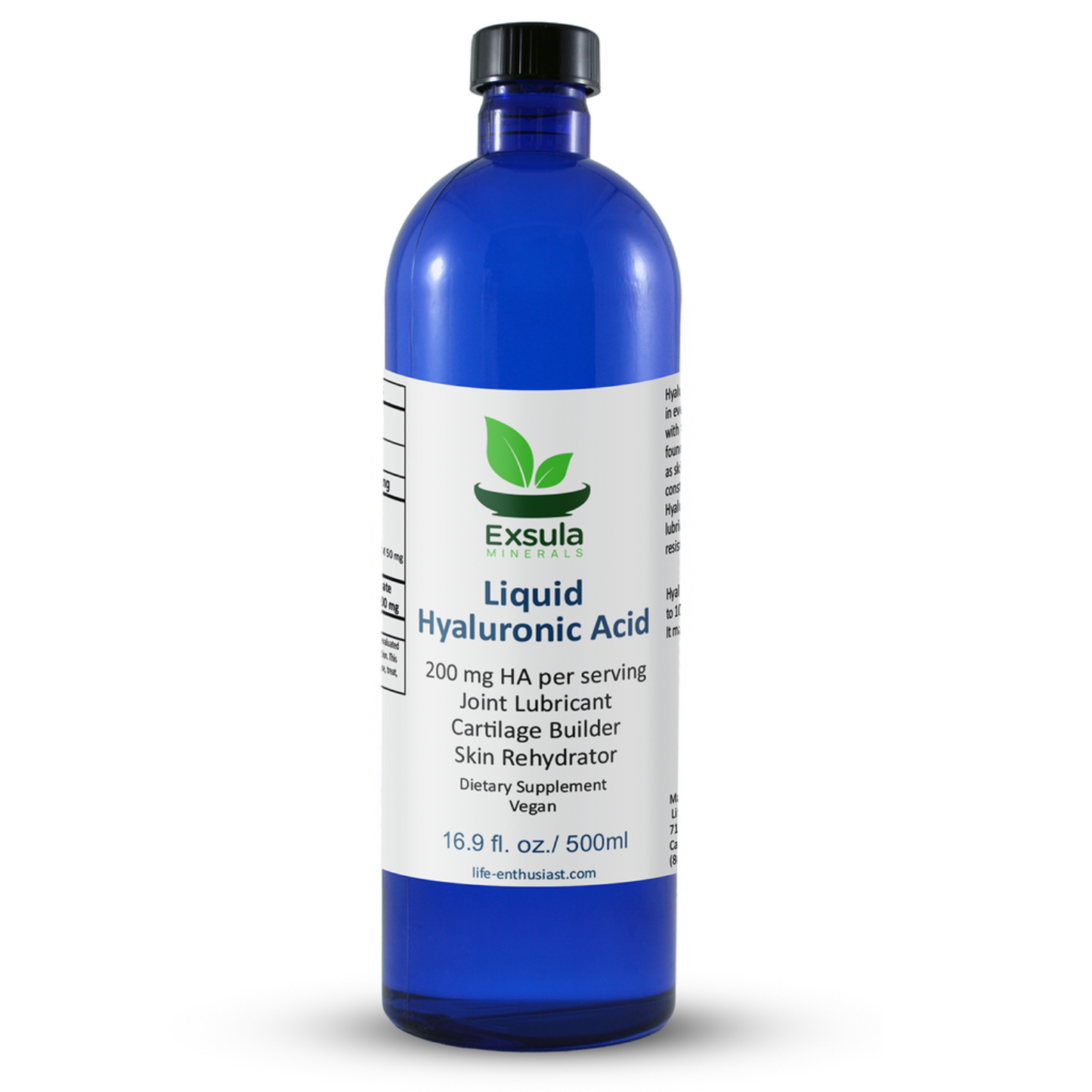Blue bottle of Exsula Liquid Hyaluronic Acid on a white background