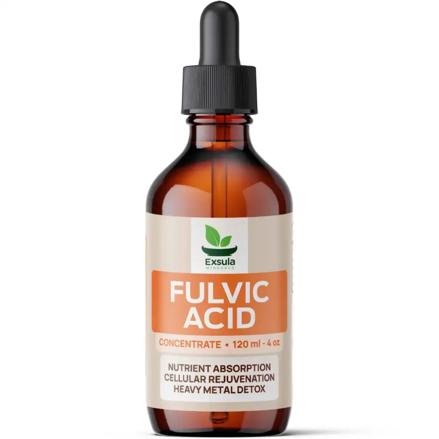Bottle of Exsula Fulvic Acid with a dropper on a white background