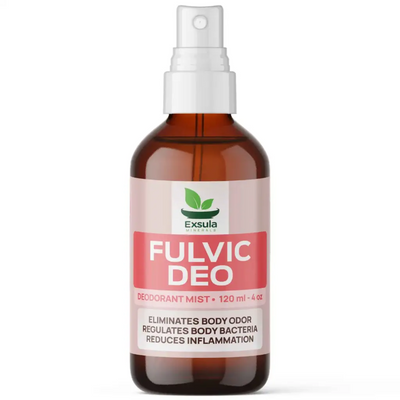 Brown bottle of Exsula Fulvic DEO on a white background