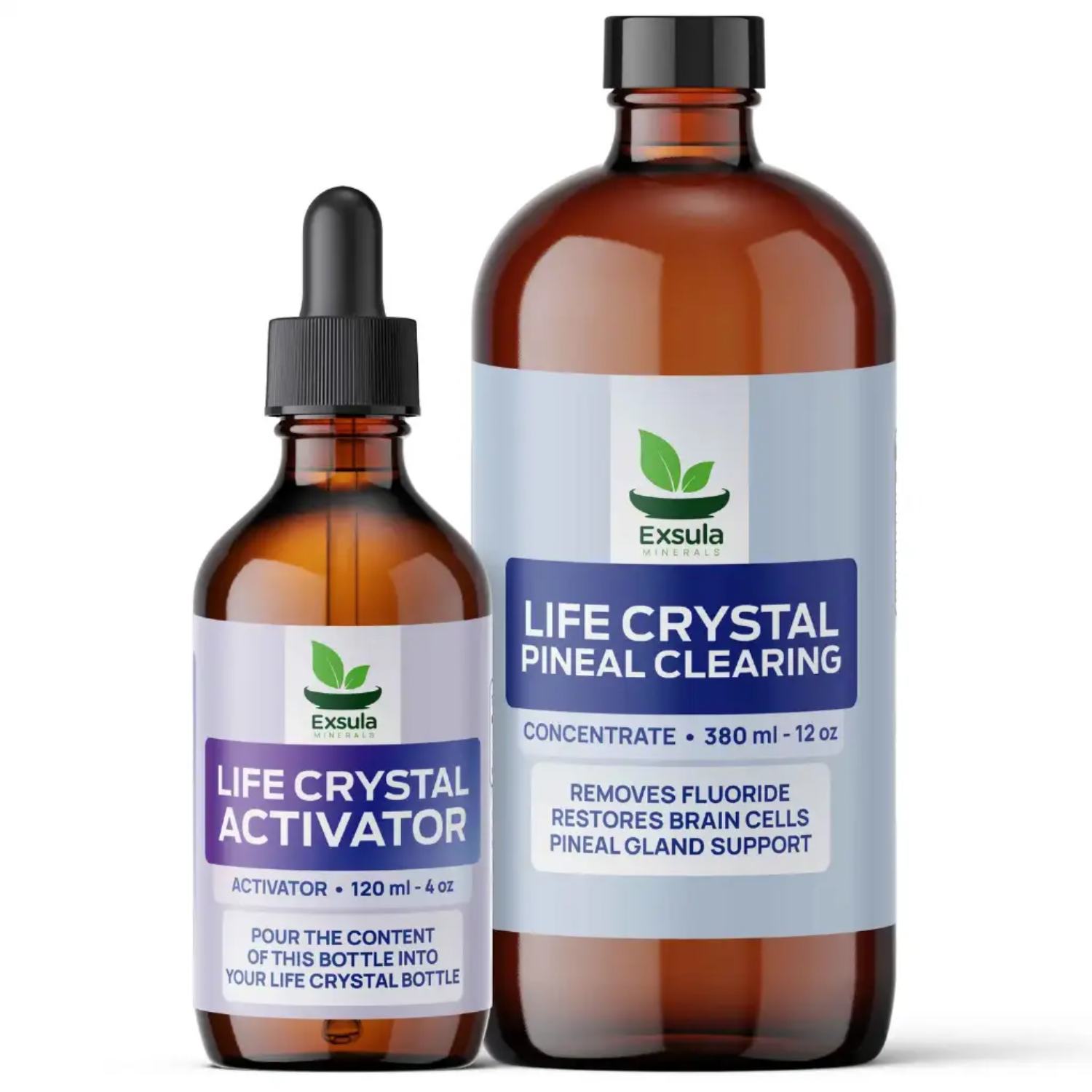 Two Exsula Life Crystal Pineal Clearing bottles on a white background