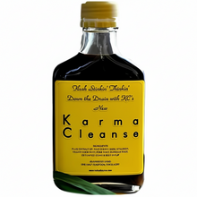 Bottle of 'Karma Cleanse' with a yellow label on a white background