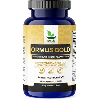 Supplement bottle labeled 'Ormus Gold' by Exsula on a white background