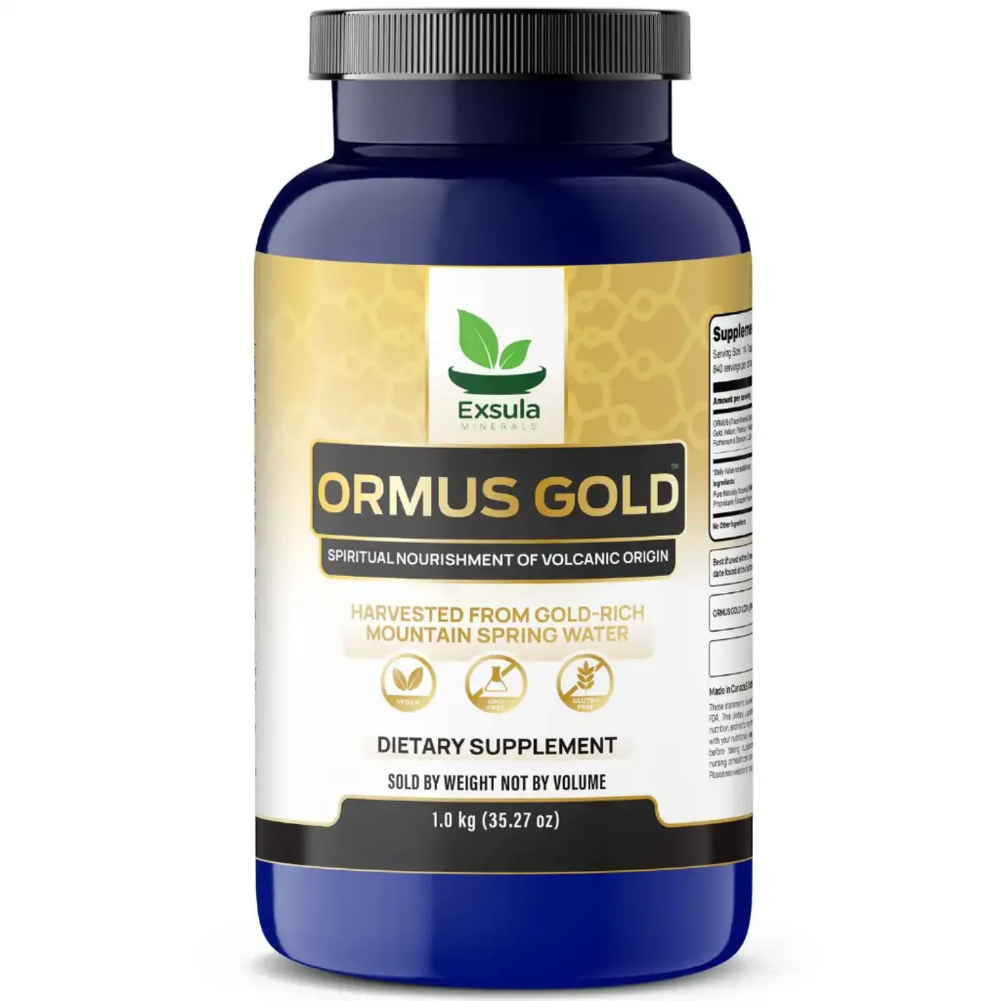 Supplement bottle labeled 'Ormus Gold' by Exsula on a white background
