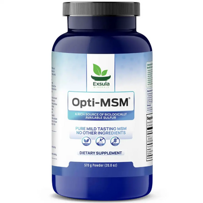 Supplement bottle labeled 'Opti-MSM' by Exsula on a white background