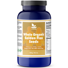 Bottle of Exsula Whole Organic Golden Flax Seeds on a white background