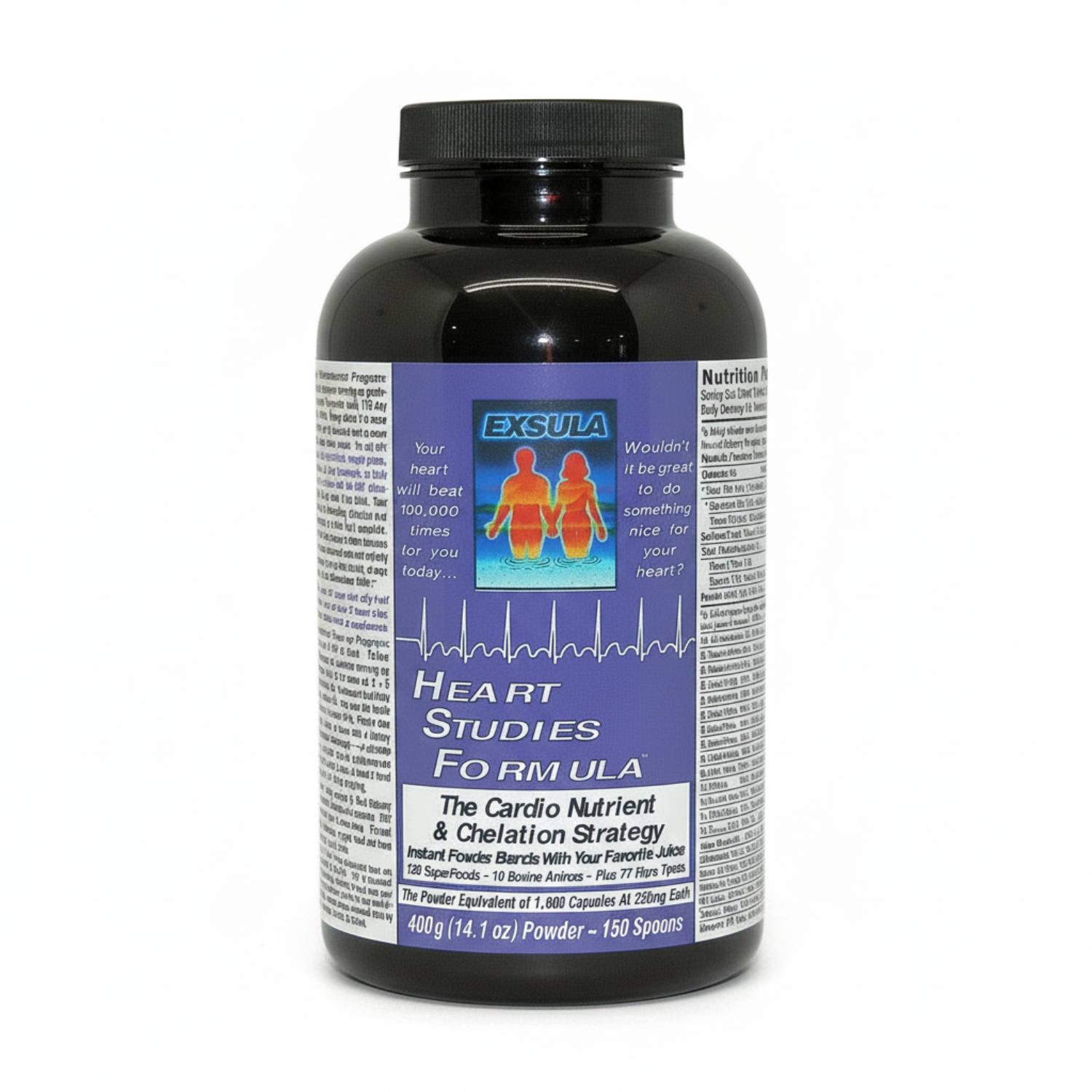 Bottle of Exsula Heart Studies FO RM ULA supplement with a purple label on a white background