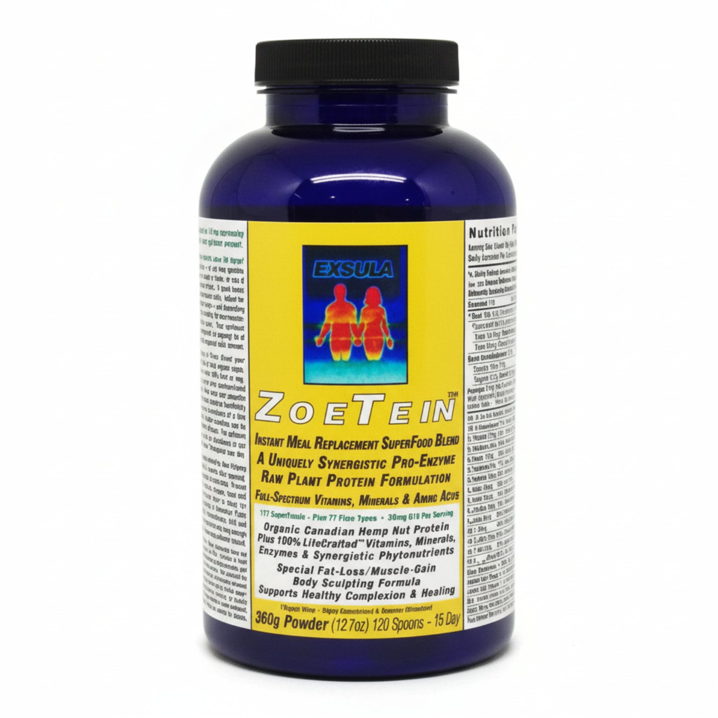 Bottle of ZoeTein protein powder with Exsula logo on a white background