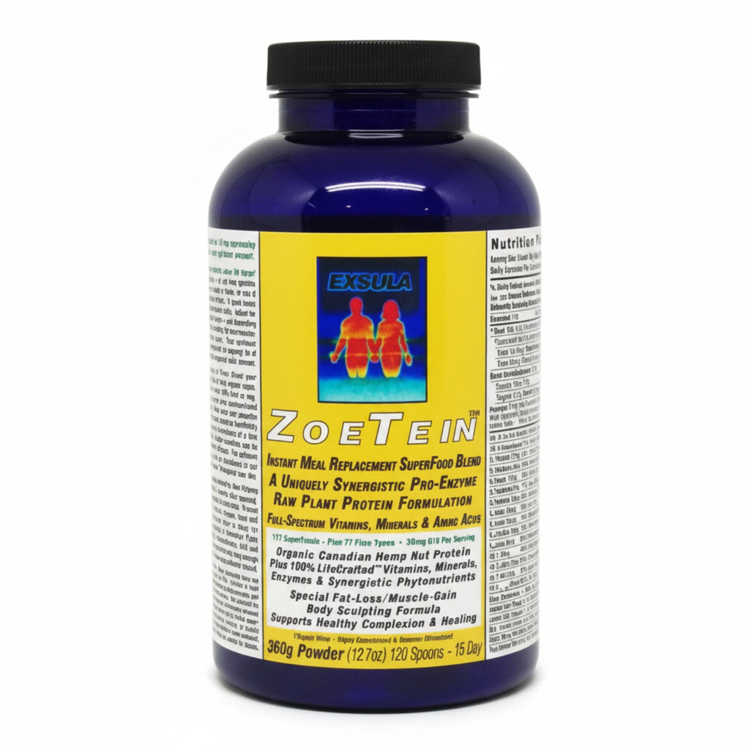 Bottle of ZoeTein protein powder with Exsula logo on a white background