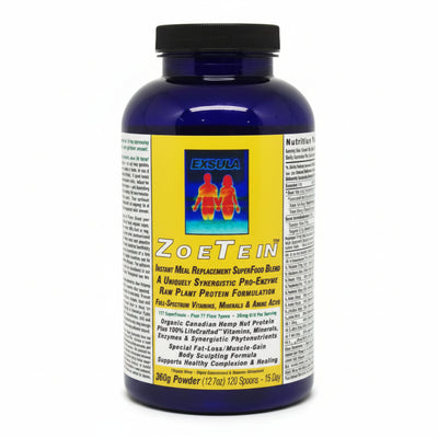 Bottle of ZoeTein protein powder with Exsula logo on a white background