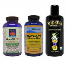 three products, Exsula AuraSil, GaiaThera Nature's Gold Mix, Andreas Seed Oils 5 Seed Blend on white background