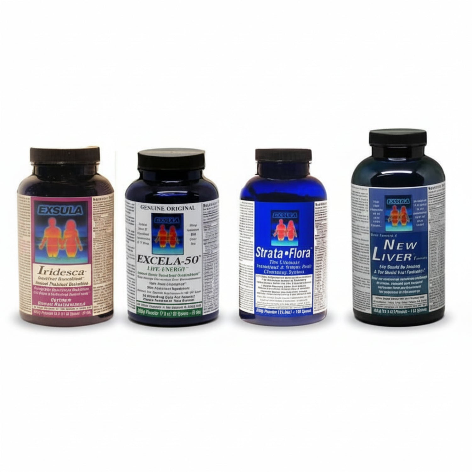 four products from Exsula Superfoods 1. Iridesca 2. Excela-50 3. Strata-Flora 4. New Liver