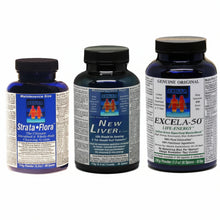 three products from Exsula Superfoods 1. Strata-Flora 2. New Liver 3. Excela-50