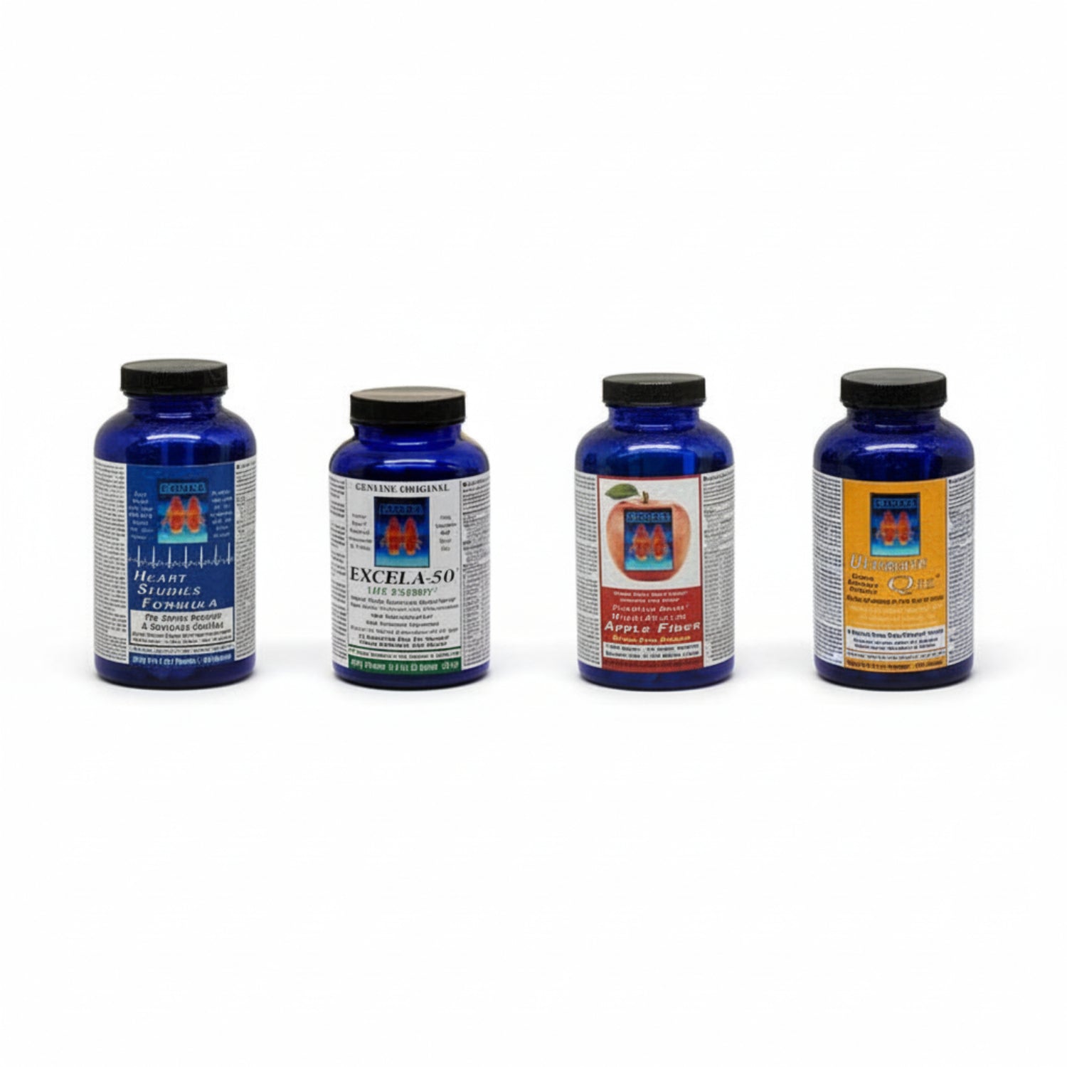 four products from Exsula Superfoods 1. Heart Studies Formula 2. Excela-50 3. Apple Fiber 4. Ultimate Q10
