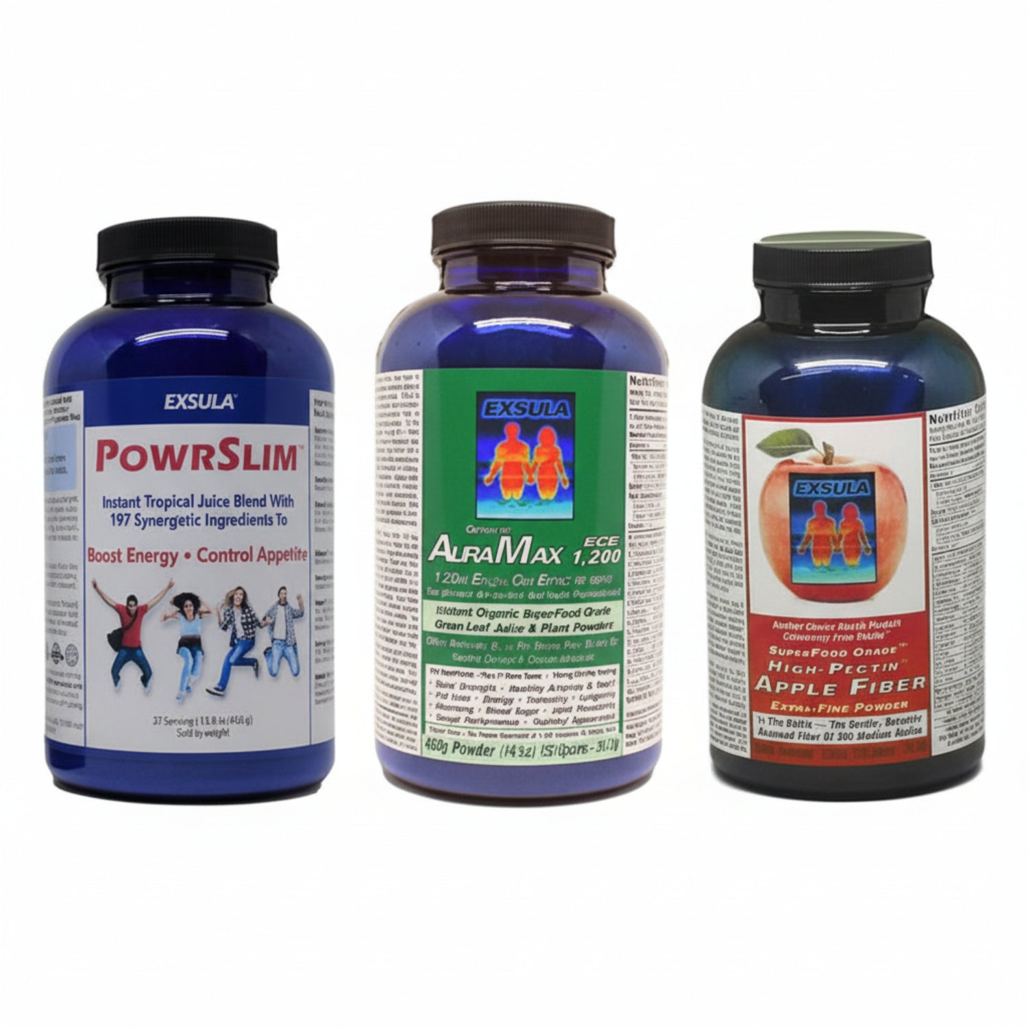three products from Exsula Superfoods: 1. PowrSlim (15.8oz)
Energy drink replacement helps turns fat into energy, enhances memory and immunity 2. AuraMax (14oz)
Superfood blend helps restore mobility and bone strength 3. Apple Fiber (10.6oz) Improve digestive regularity. May reduce cholesterol and strengthen immunity.