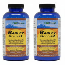 two blue bottles with black lids, label blue, white orange and gold, Barley Gold #1 and Barley Gold #2, Hyperdynamic SuperNutrient-Rich, organic select barley sprouts from specially selected seeds, assimilation optimized, real live food loaded with antioxidants, enzymes and cell growth factors, instant powder, 454g/16oz/224 spoons