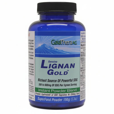 Blue supplement bottle labeled 'Genuine Lignan Gold' by GaiaTherapy on a white background