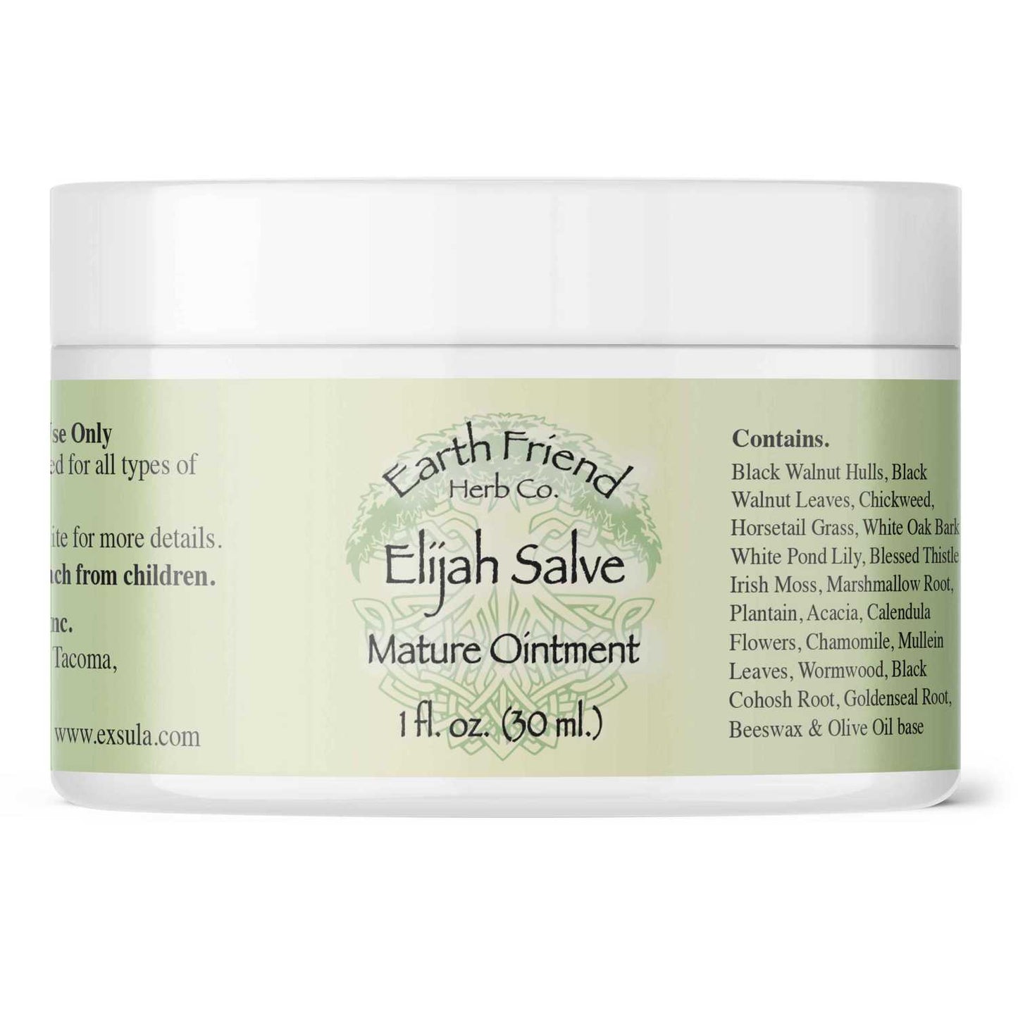 Jar of Elijah Salve Mature Ointment with Earth Friend Herb Co. label on a white background