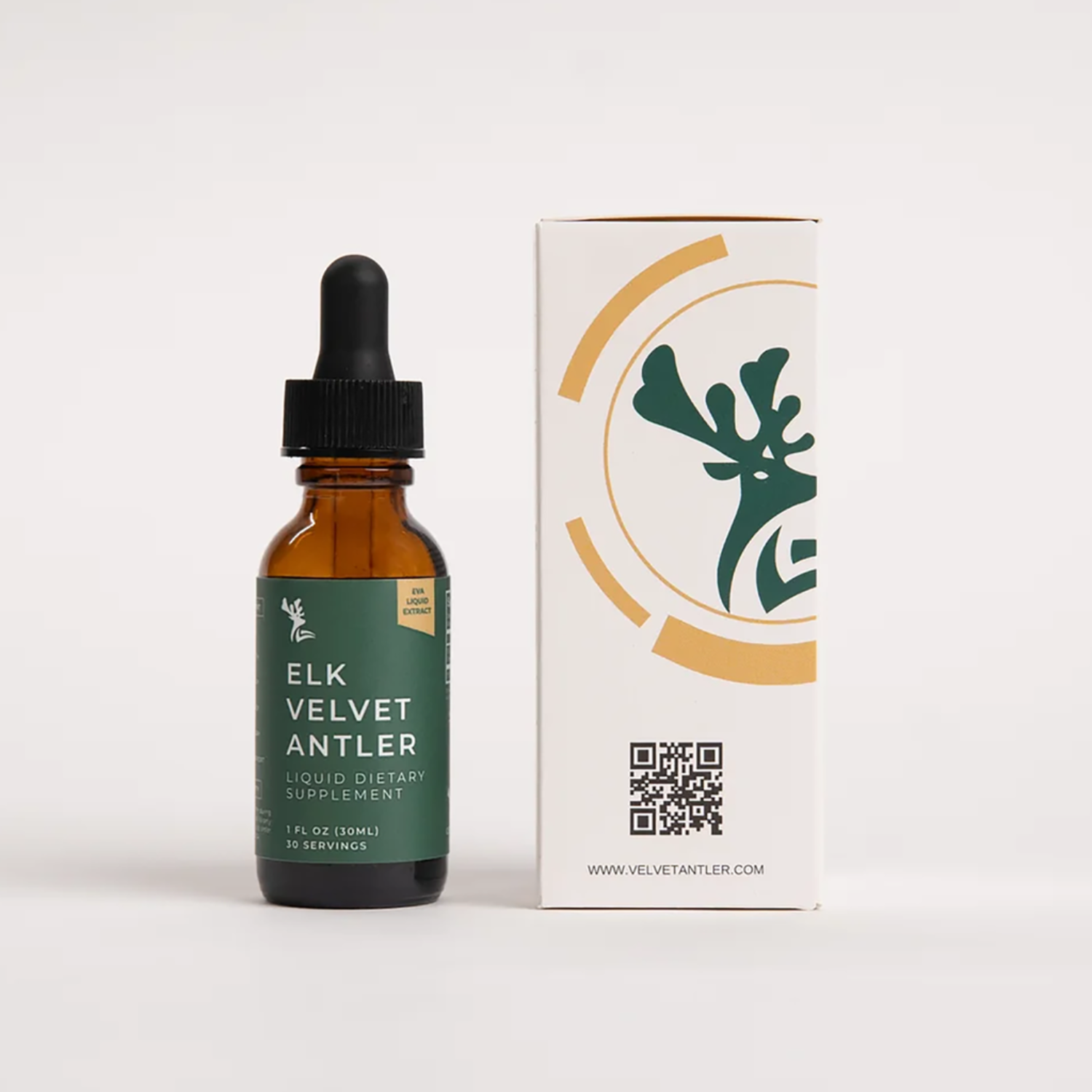 Elk velvet antler supplement bottle with dropper and packaging on a white background