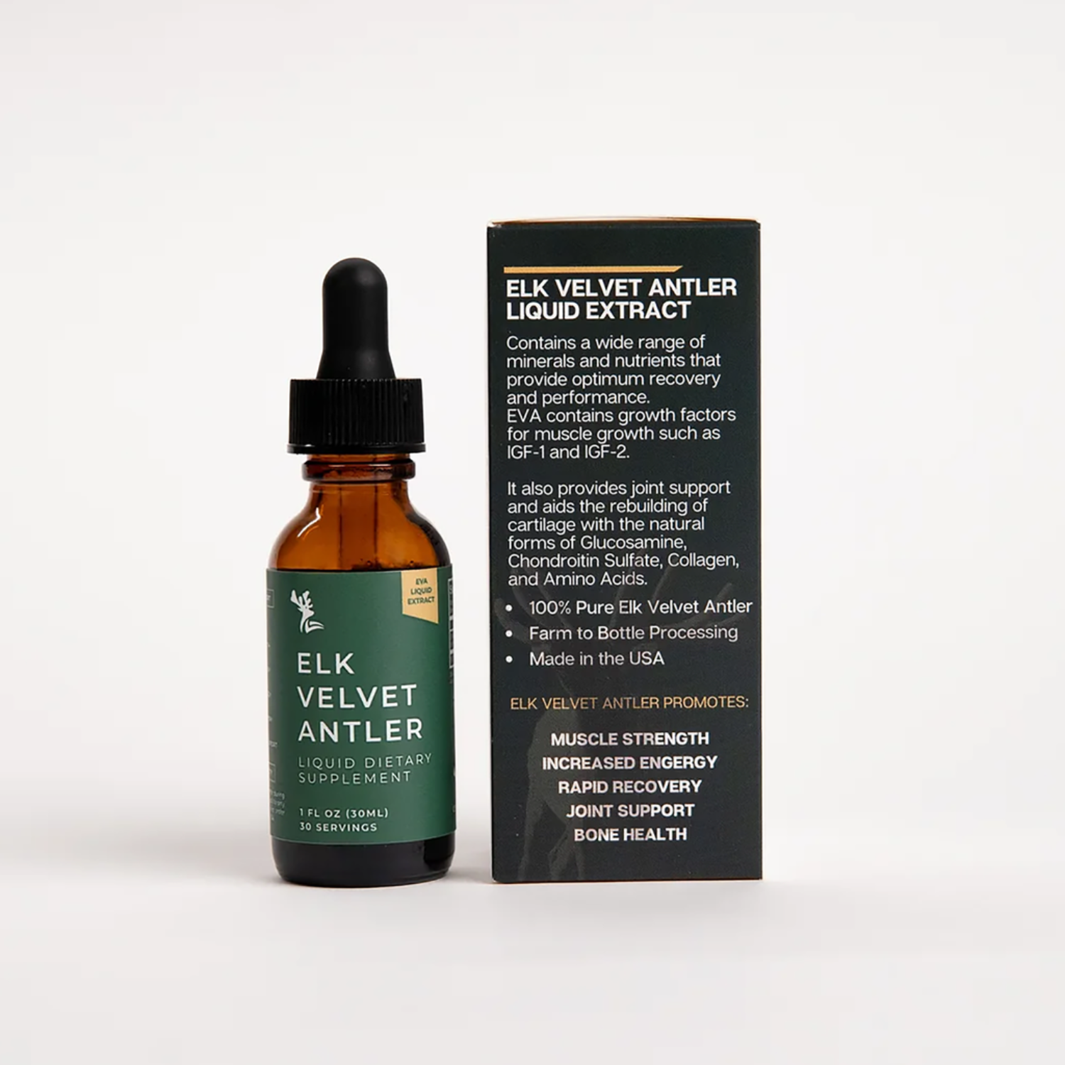 Elk velvet antler liquid extract bottle with dropper and packaging on a white background