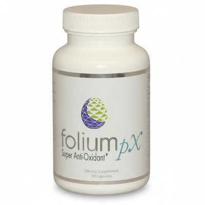 Supplement bottle labeled 'folium px Super Anti-Oxidant' on a white background