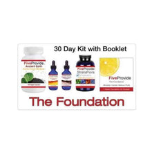 flat picture saying 30 day kit with booklet, The Foundation and five products, 1. Five Provide Ancient Earth 2. FiveProvide Organic Fulvic 3. FiveProvide Organic Humic 4. FiveProvide StrataFlora and 5. Downloadable step-by-step bookle