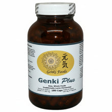Brown supplement bottle labeled 'Genki Plus' by Genki Foods on a white background