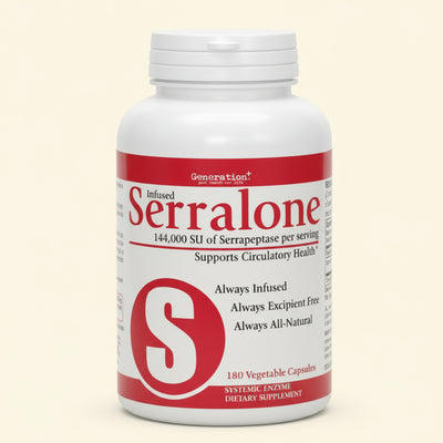 Supplement bottle labeled 'Infused Serralone' on a white background