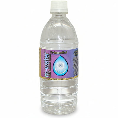 Clear water bottle with a purple label on a white background