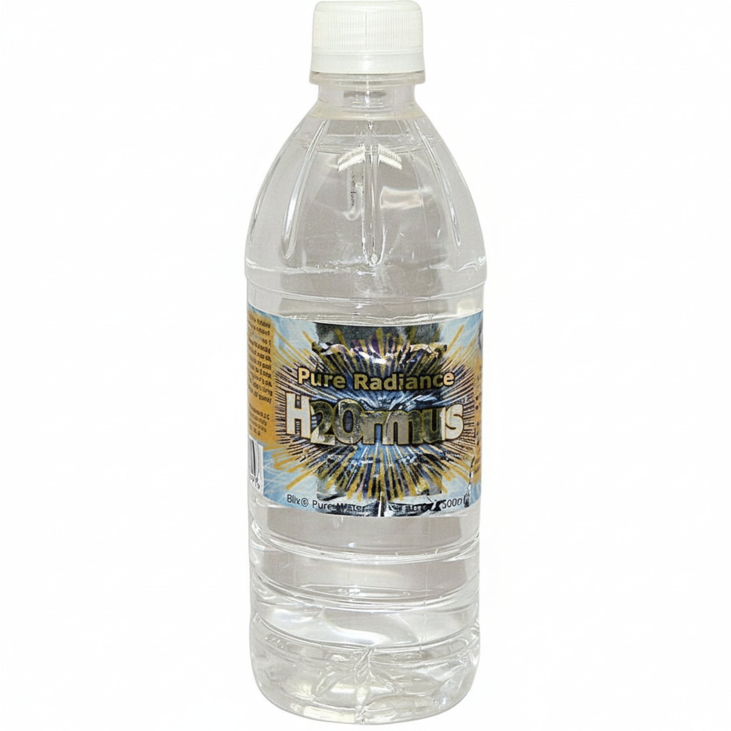 Clear water bottle with a label on a white background