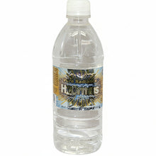 Clear water bottle with a label on a white background