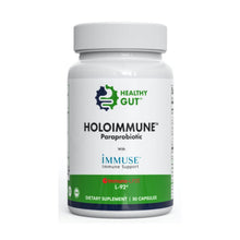 Supplement bottle labeled 'Healthy Gut Holoimmune Paraprobiotic' on a white background