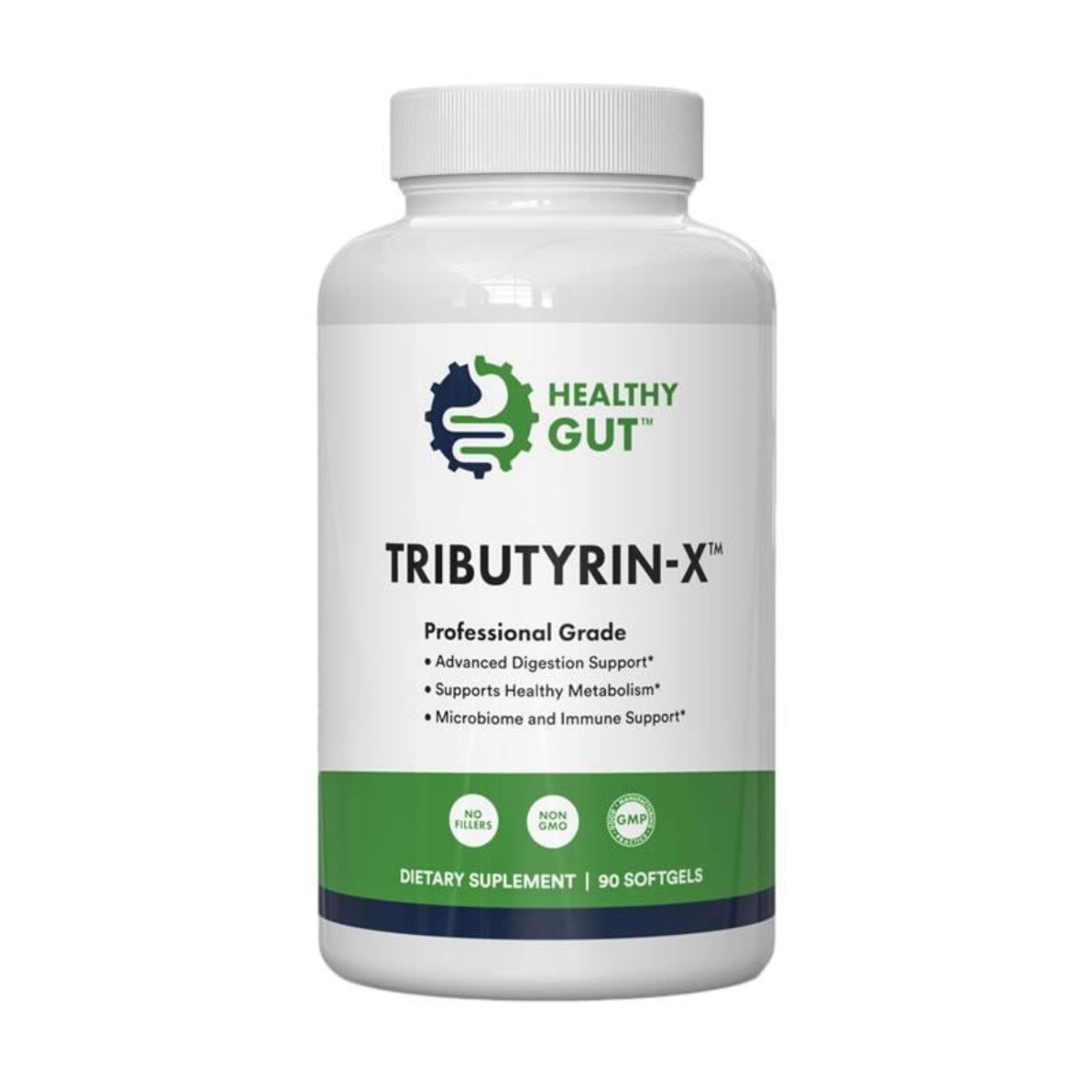Supplement bottle labeled 'TRIBUTYRIN-X' by 'Healthy Gut' on a white background