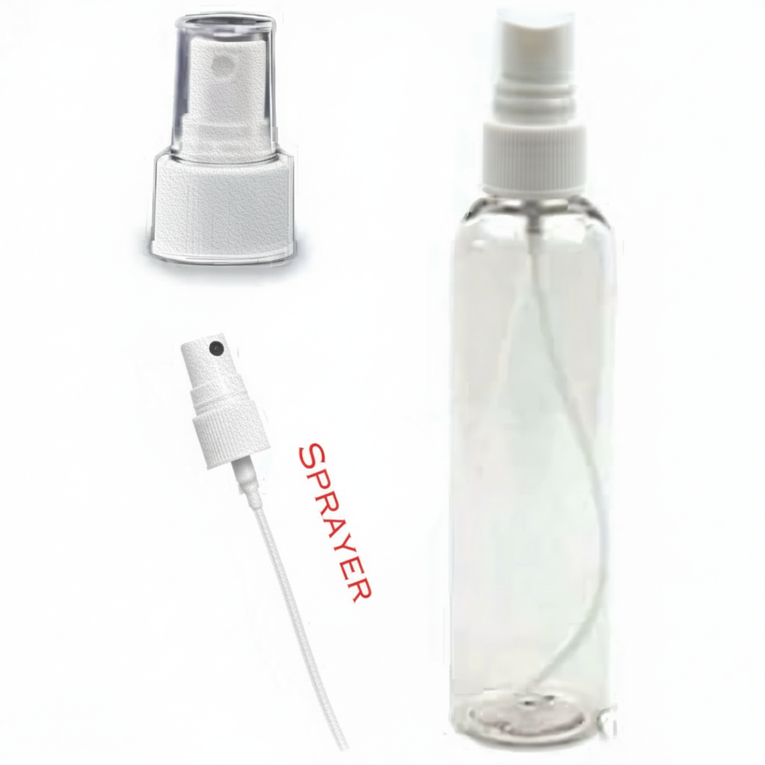 Clear spray bottle with white nozzle on a white background
