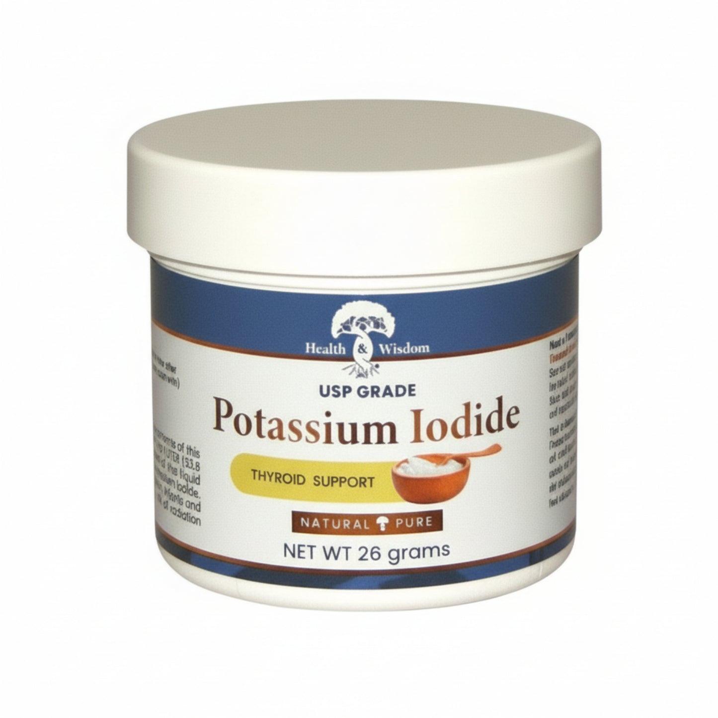 Jar of Health & Wisdom Potassium Iodide with a white lid on a white background