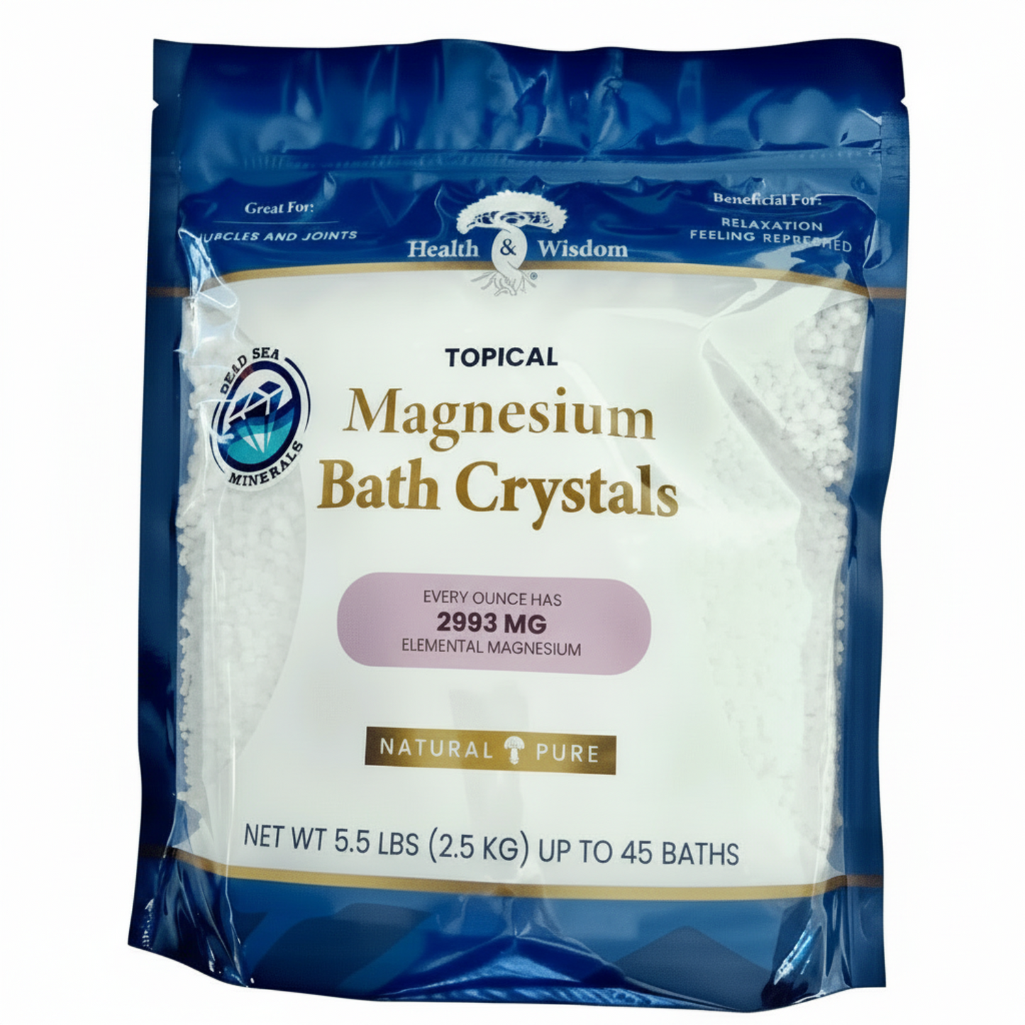 Packaging of Magnesium Bath Crystals with blue and white design