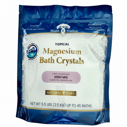 Packaging of Magnesium Bath Crystals with blue and white design