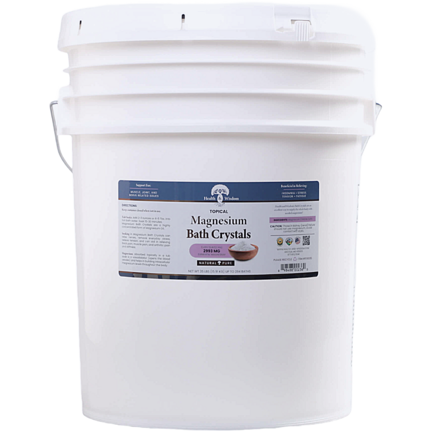 White bucket of magnesium bath crystals with a label on a white background