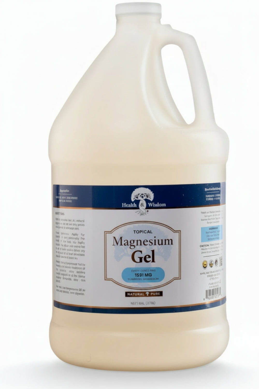 Gallon container of Health Wisdom Magnesium Gel 1 gallon on a white background