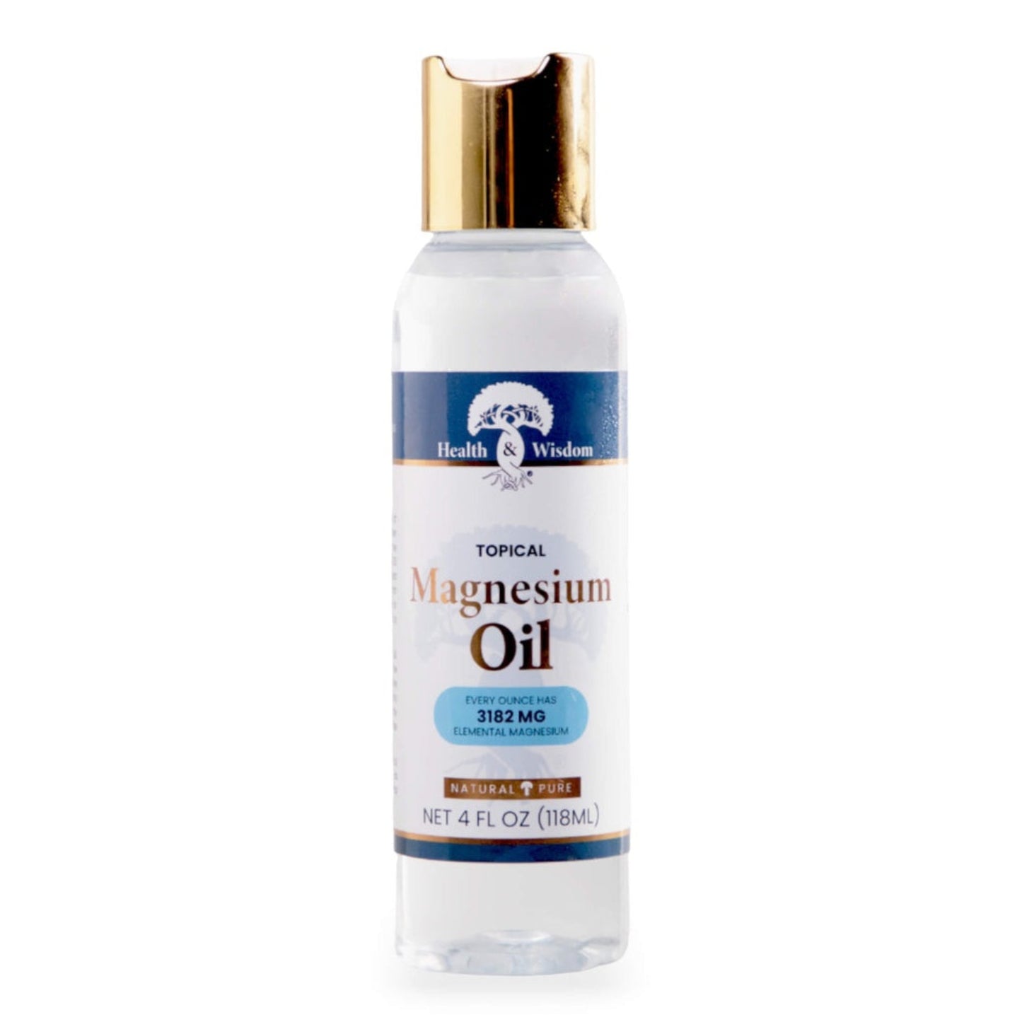 Bottle of magnesium oil 4oz with a gold cap on a white background