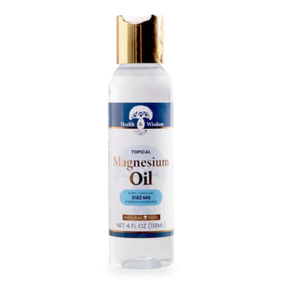 Bottle of magnesium oil 4oz with a gold cap on a white background